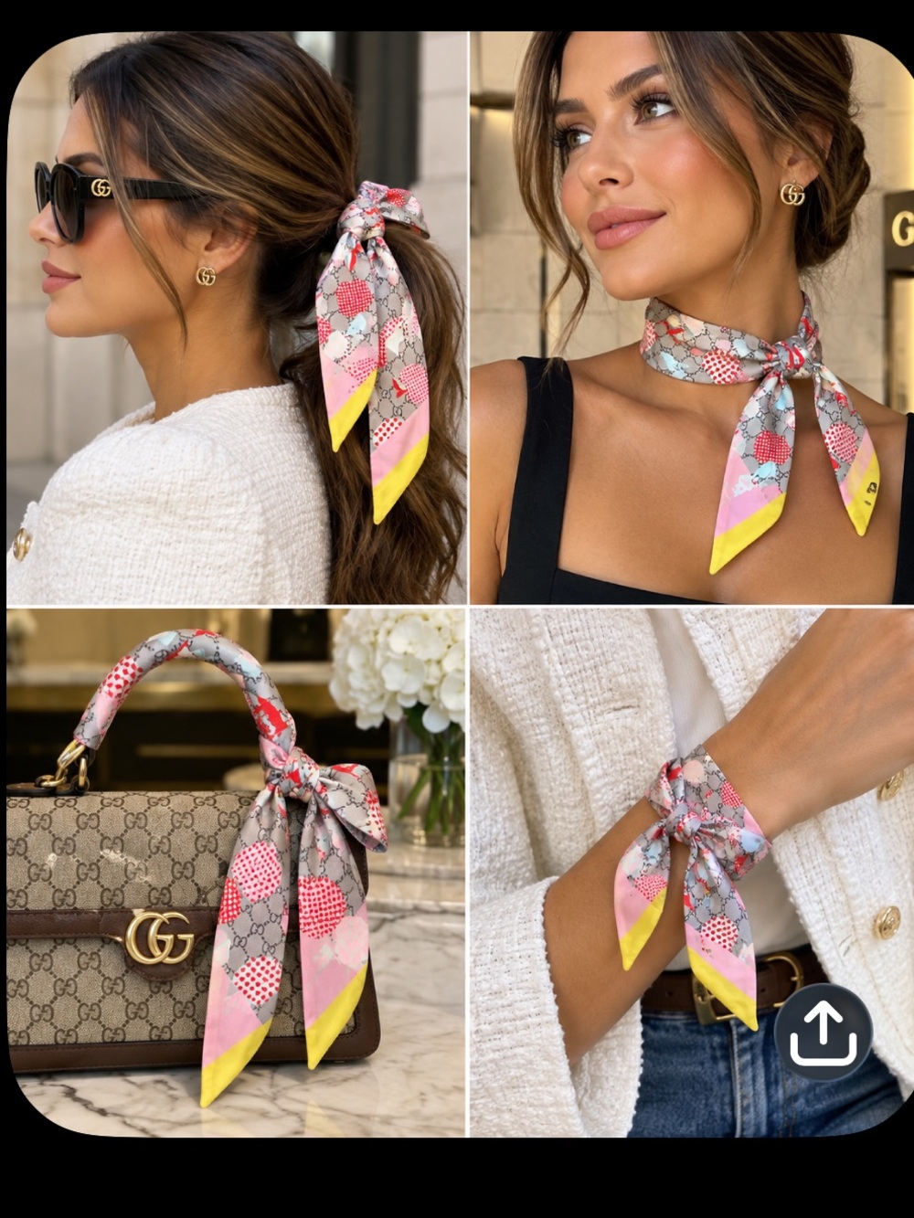 Pink Floral Silk Scarf with Yellow Trim